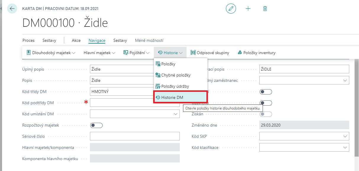 Zobrazení historie DM