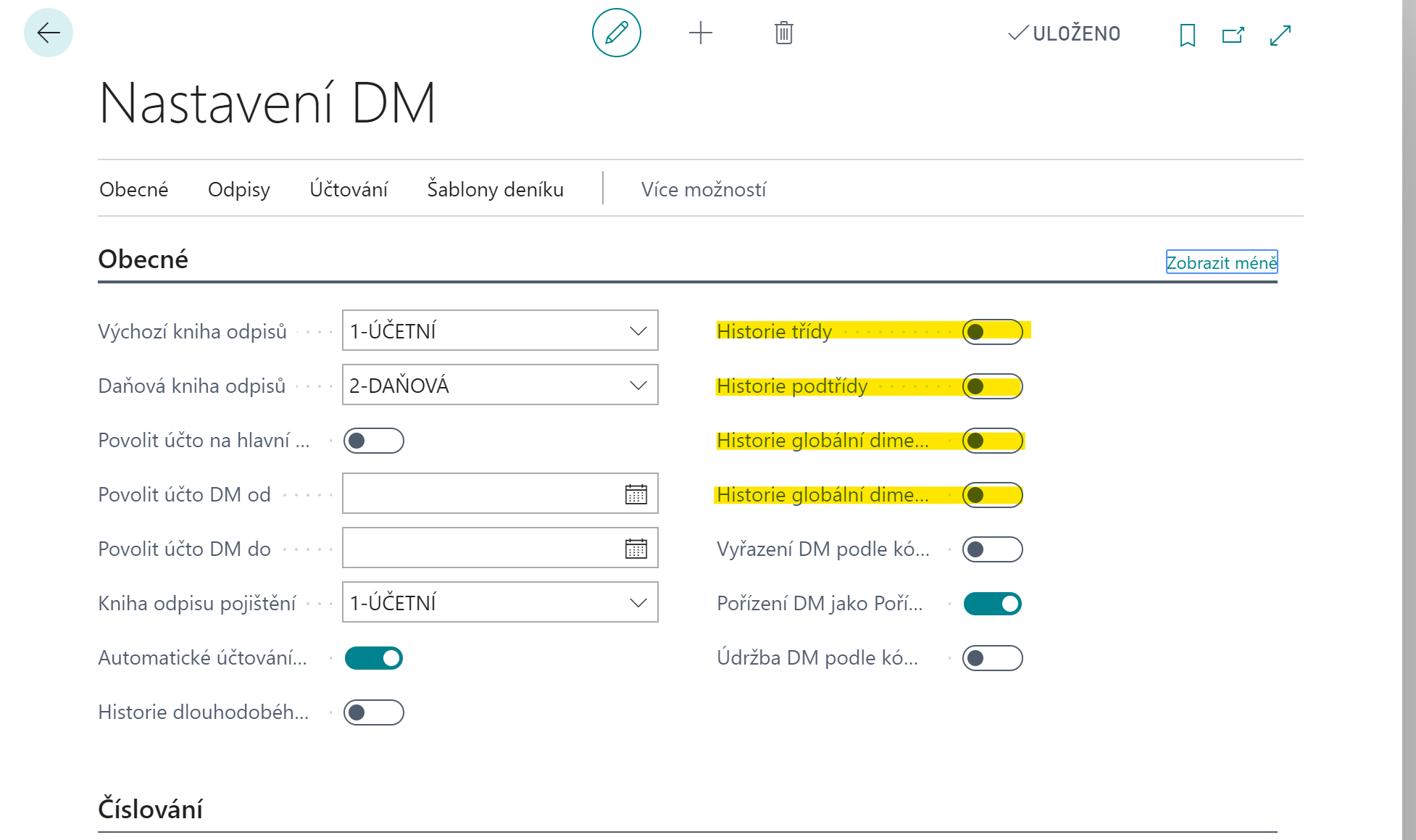 Nastaveni DM Historie