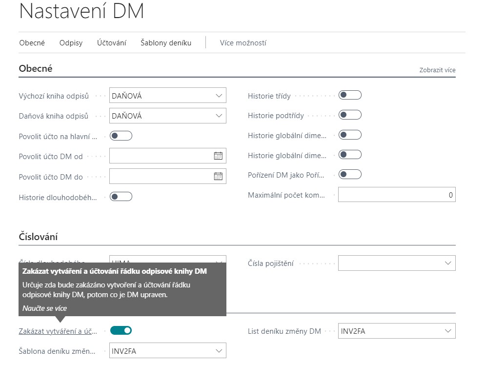 Zakázání vytváření a účtování řádku deníku DM