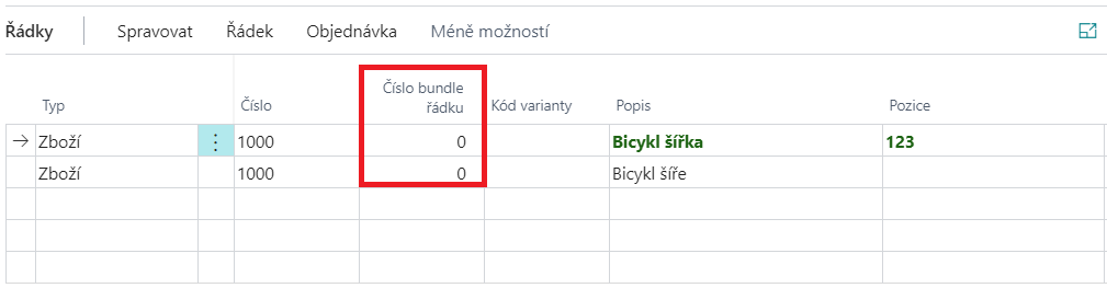 Číslo bundle řádku